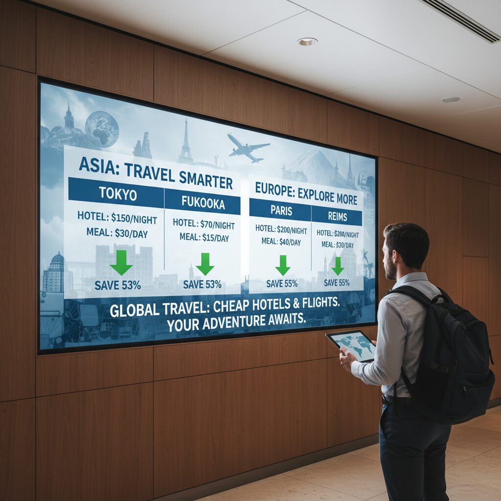 A side-by-side comparison chart showing the average hotel cost and meal cost in Tokyo vs. Fukuoka, and Paris vs. Reims, illustrating the savings.