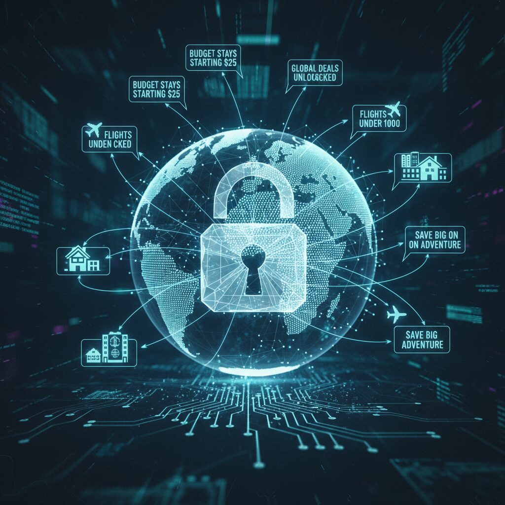 A conceptual illustration of a digital hotel pricing algorithm being unlocked, showing data points connecting across a global map