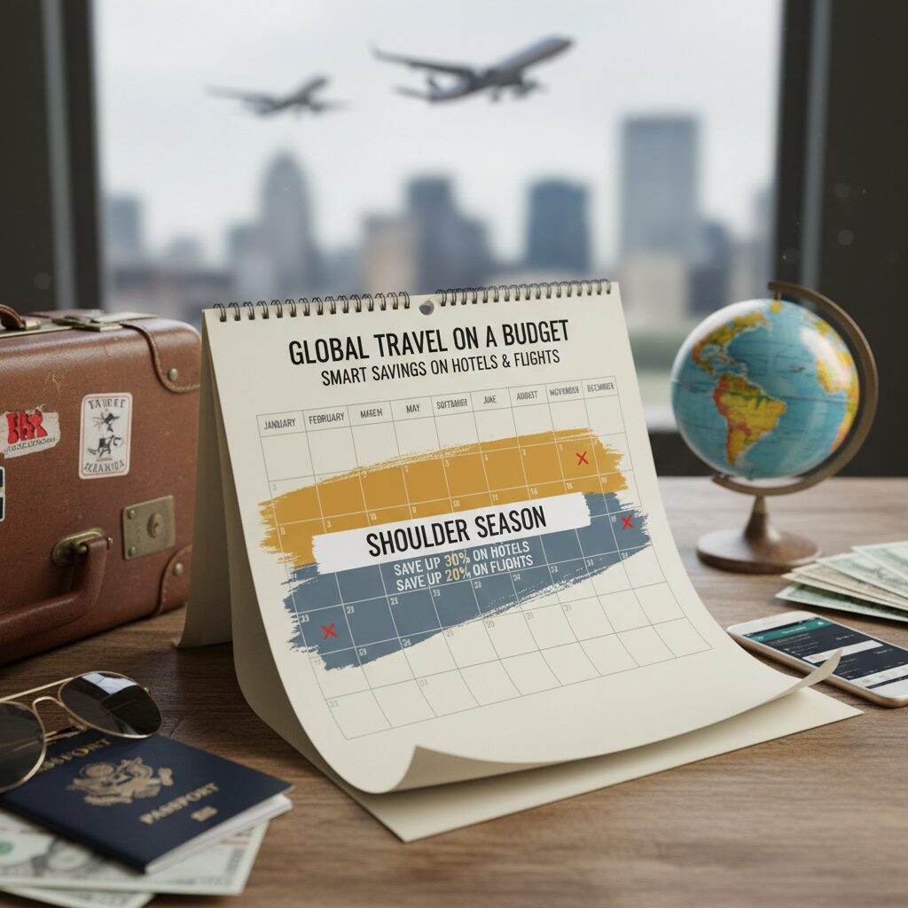 A calendar visualization showing the months of April, May, September, and October highlighted as 'Shoulder Season' with cost-saving percentages.