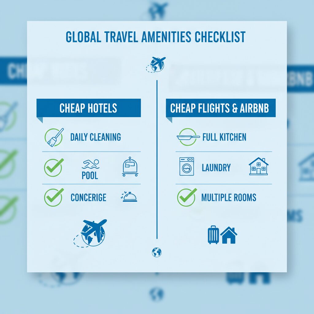 Infographic comparing amenities checklist. Hotel side has checkmarks for 'Daily Cleaning', 'Pool', 'Concierge'. Airbnb side has checkmarks for 'Full Kitchen', 'Laundry', 'Multiple Rooms'