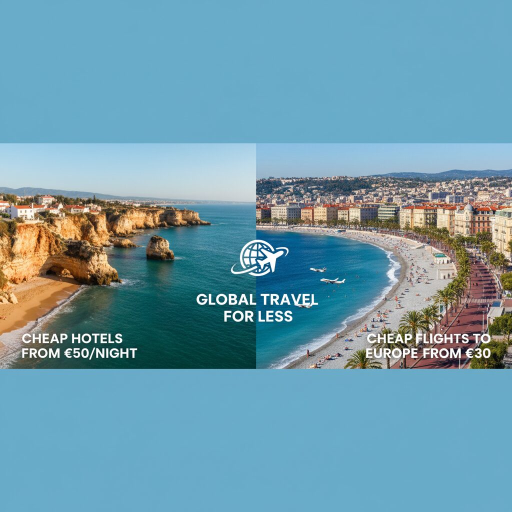 A split screen showing the coastline of the Algarve, Portugal, and the Promenade des Anglais in Nice, representing European value options.