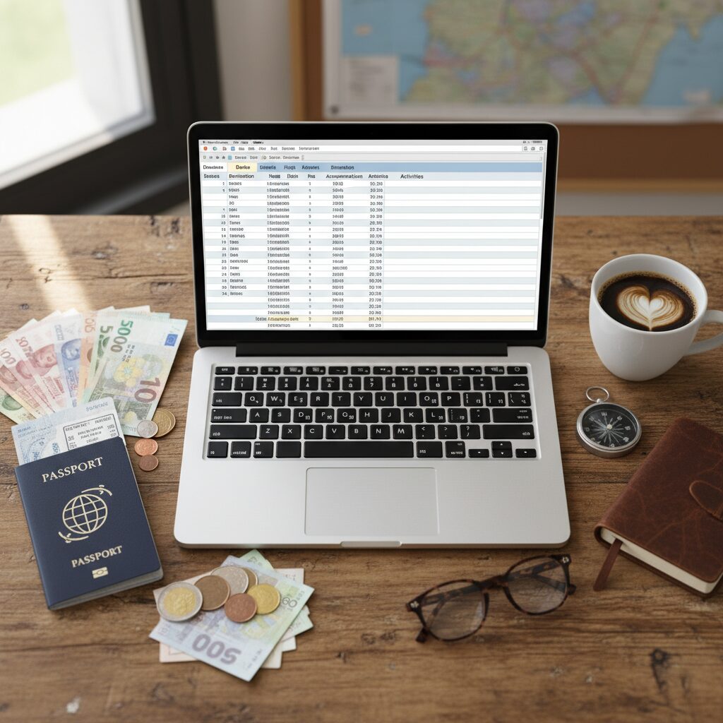 A flat-lay photograph of a modern travel planning setup: a laptop open to a spreadsheet, a passport, varying currencies, and a cup of coffee on a wooden desk.