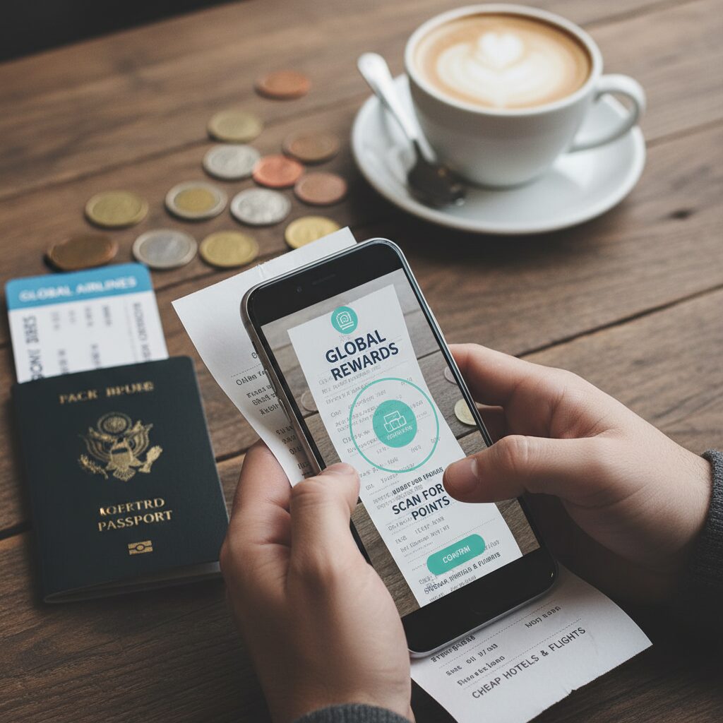 Close-up shot of a person using a smartphone to scan a restaurant receipt with a coffee cup in the background.