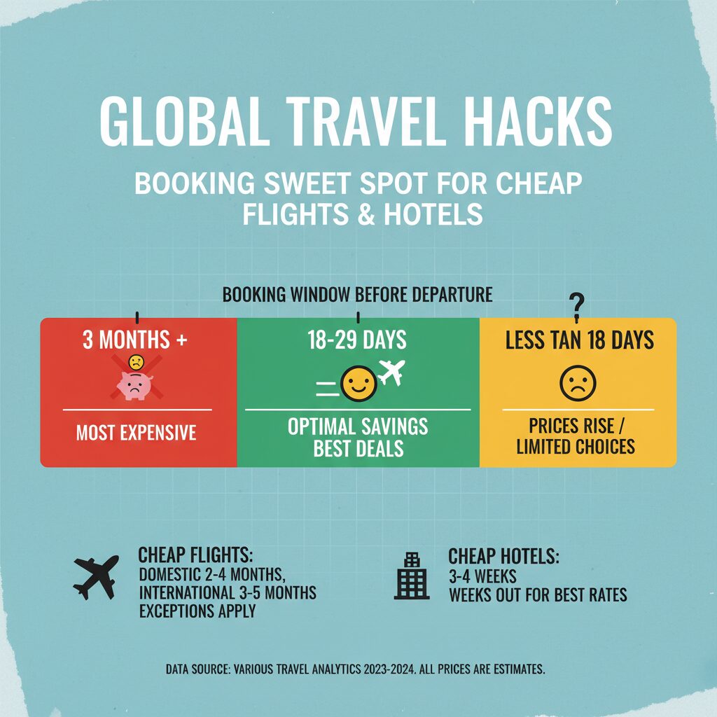A timeline visualizing the 18-29 day booking window sweet spot compared to the 3-month expensive zone