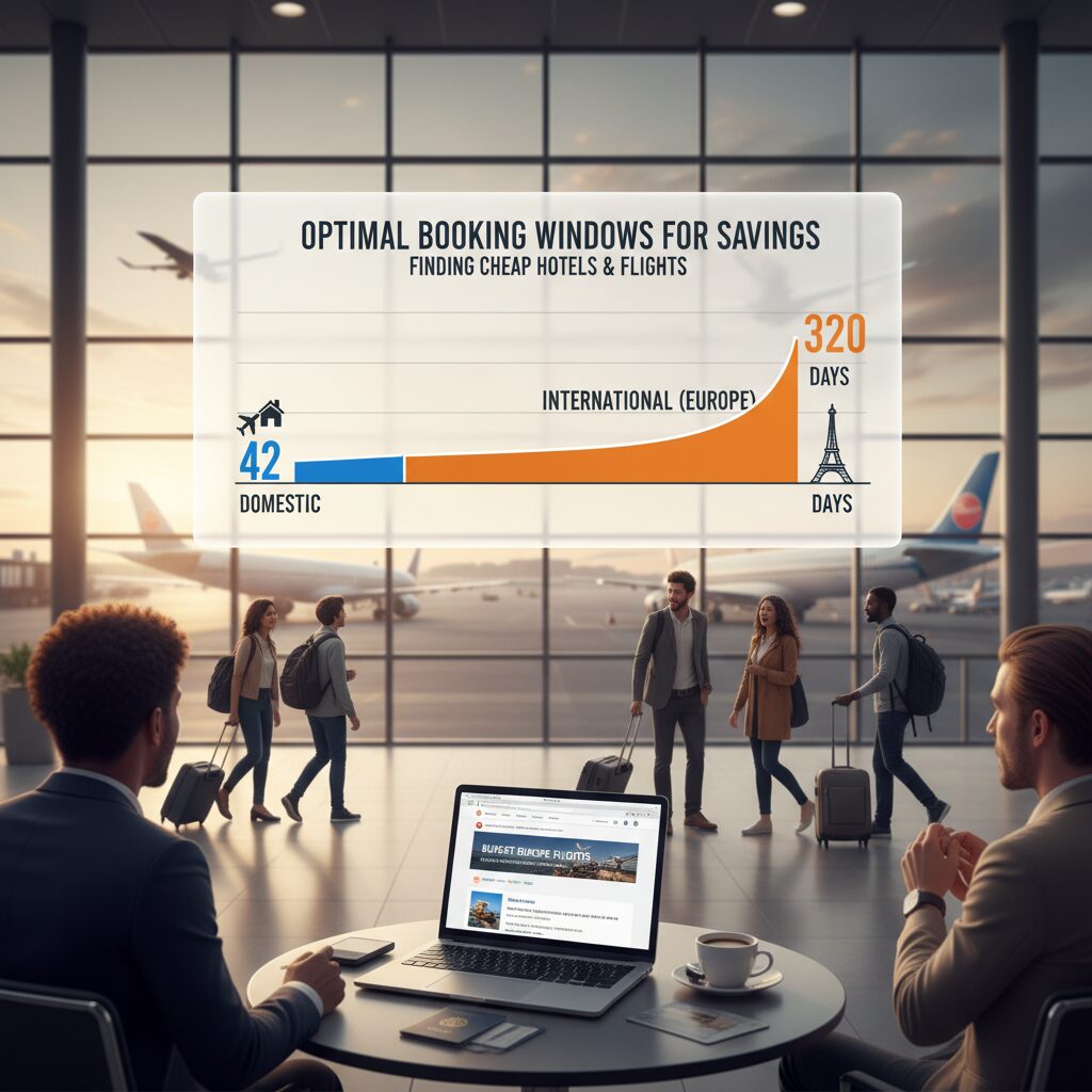 A bar chart comparing booking windows: "Domestic: 42 Days" vs "International (Europe): 320 Days," highlighting the massive discrepancy.