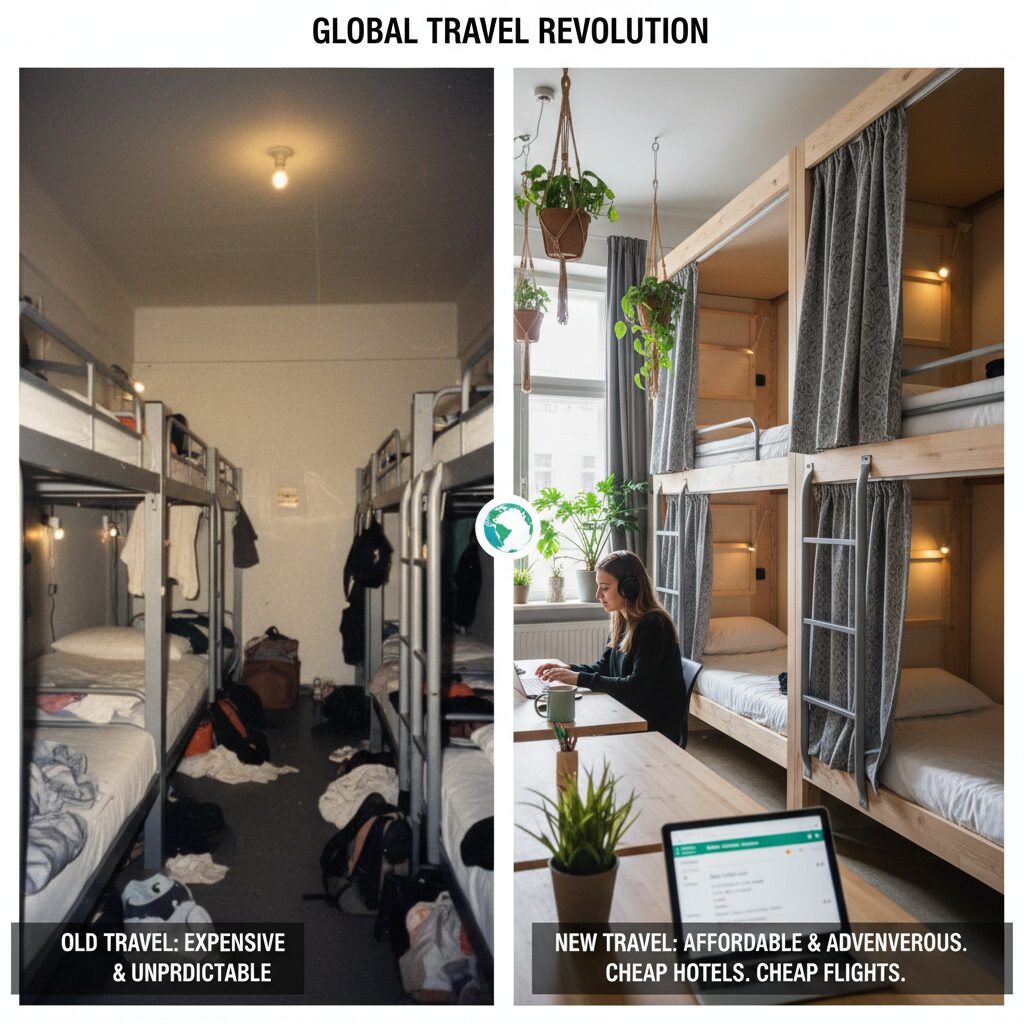 A split screen comparison image. On the left, a blurry, old-school crowded dorm room. On the right, a bright, modern 2025 hostel with wooden bunks, privacy curtains, plants, and a digital nomad working on a laptop.