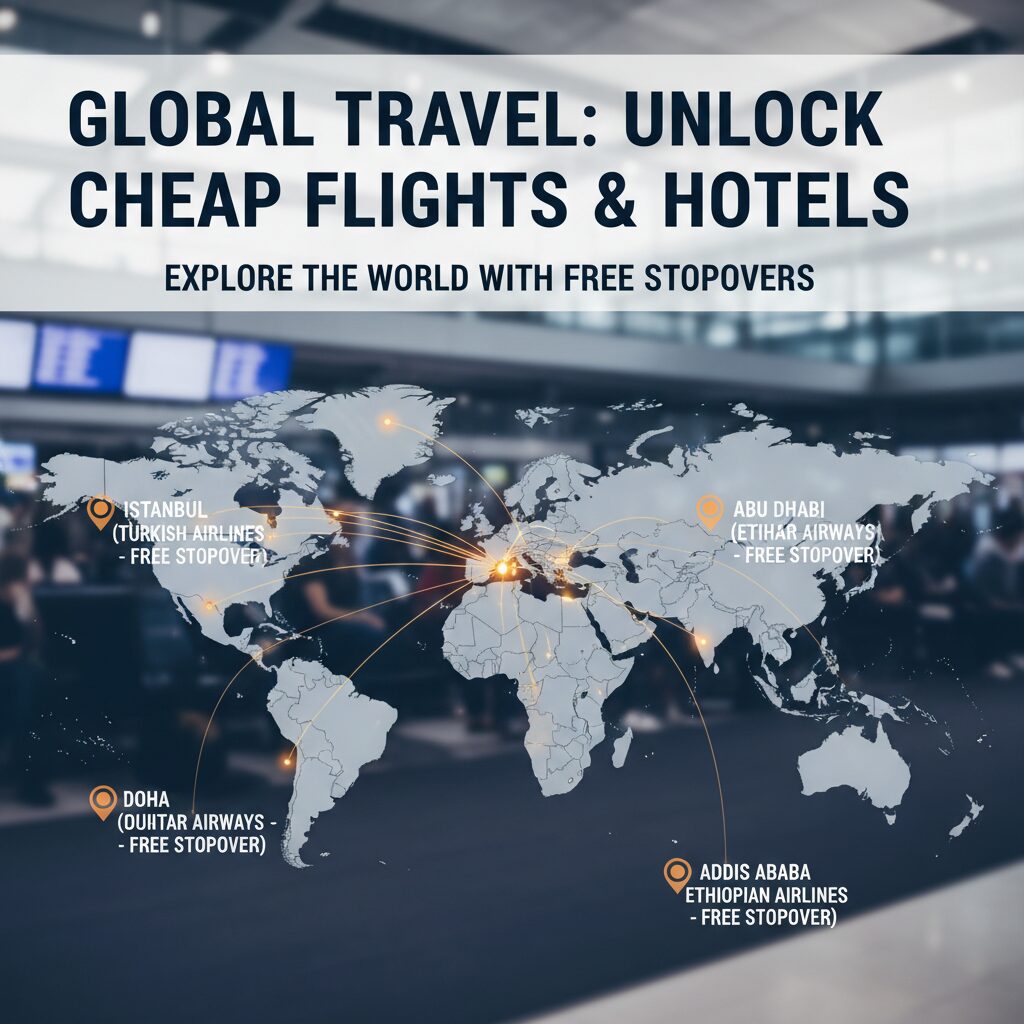 A world map highlighting airline hubs with free stopover programs: Istanbul (Turkish), Abu Dhabi (Etihad), Doha (Qatar), and Addis Ababa (Ethiopian)