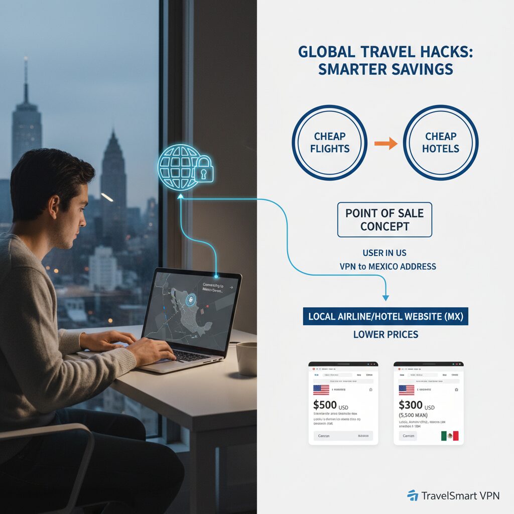 An infographic showing a user in the US connecting to a VPN server in Mexico to access the "local" version of an airline website, illustrating the Point of Sale concept.