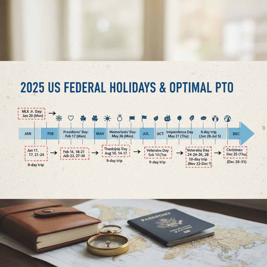 Infographic timeline showing 2025 US Federal Holidays and the optimal days to book PTO around them.