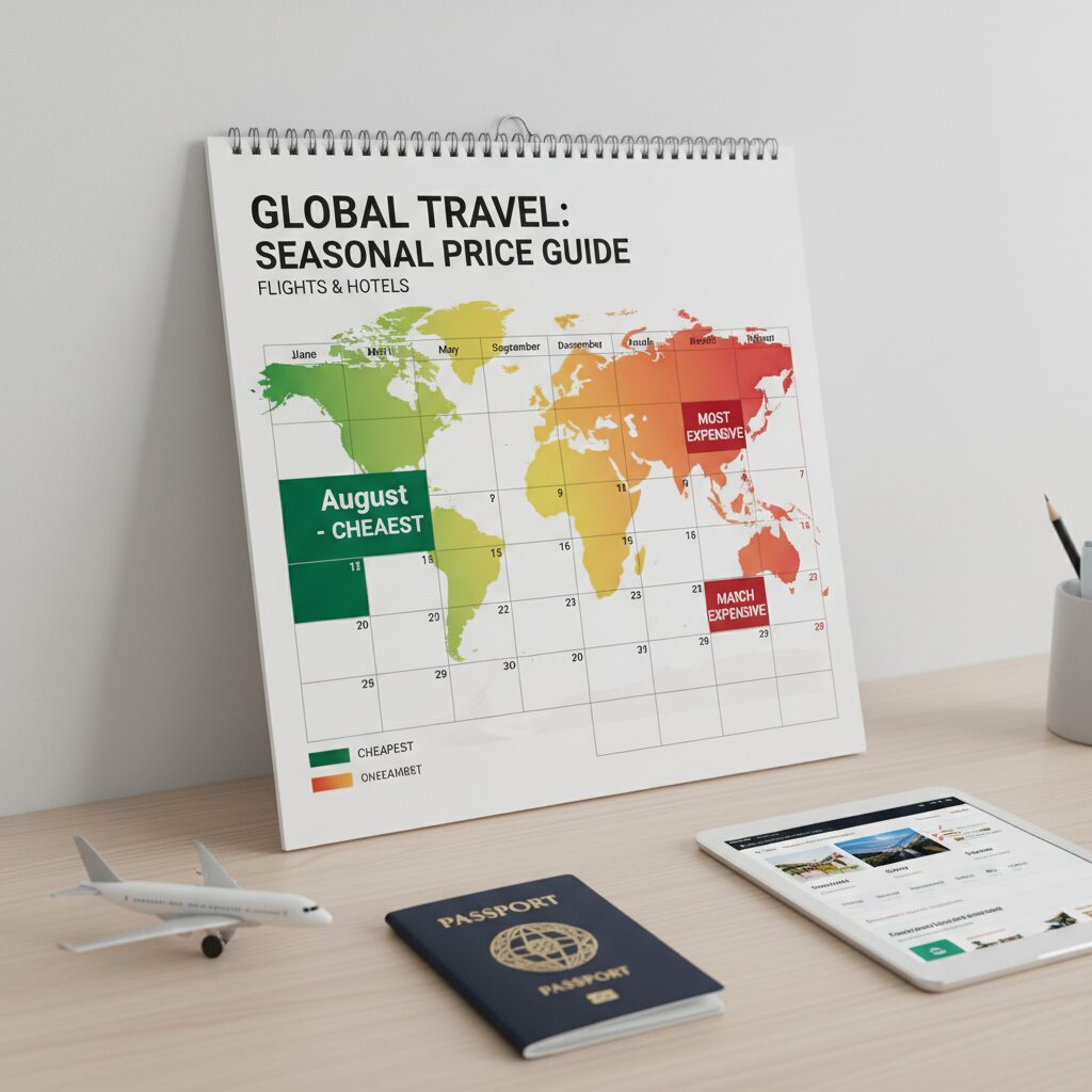 A seasonal heatmap calendar. August is colored green (Cheapest), while February and March are colored red (Most Expensive).