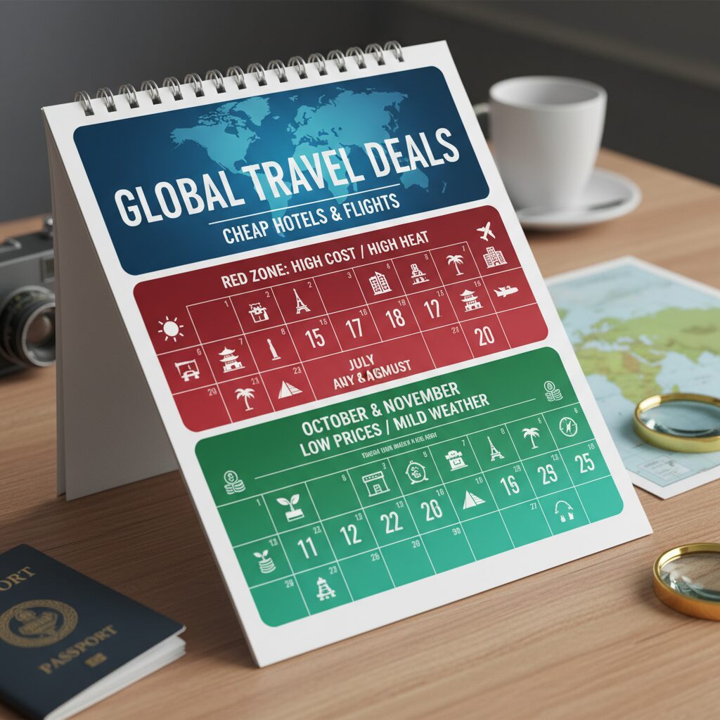 An infographic calendar highlighting October and November as the 'Green Zone' for low prices and mild weather, contrasting with the red 'High Cost/High Heat' zone of July/August