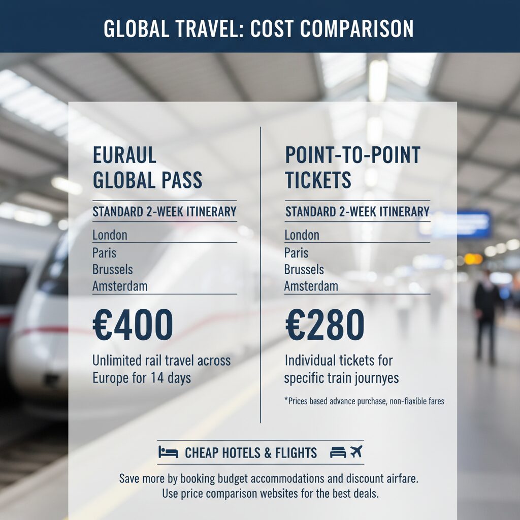 Comparison Table showing "Eurail Global Pass Cost" vs. "Point-to-Point Tickets Cost" for a standard 2-week itinerary (London-Paris-Brussels-Amsterdam). Eurail: €400 vs. Point-to-Point: €280