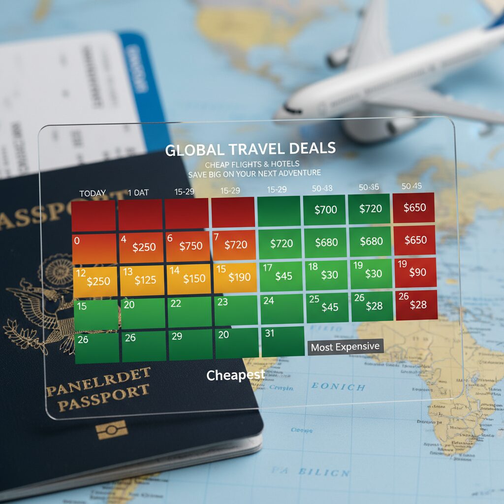 A calendar heatmap graphic showing dates 30-50 days from "today" colored in green for "Cheapest", and dates 0-14 days colored red for "Most Expensive".