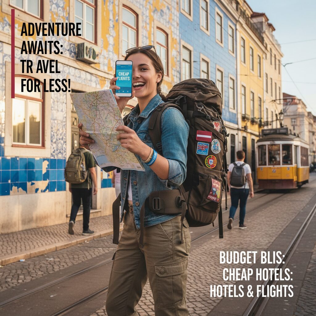 A vibrant, candid shot of a backpacker in front of a colorful building in Riga or Lisbon, smiling, holding a map, symbolizing accessible travel.