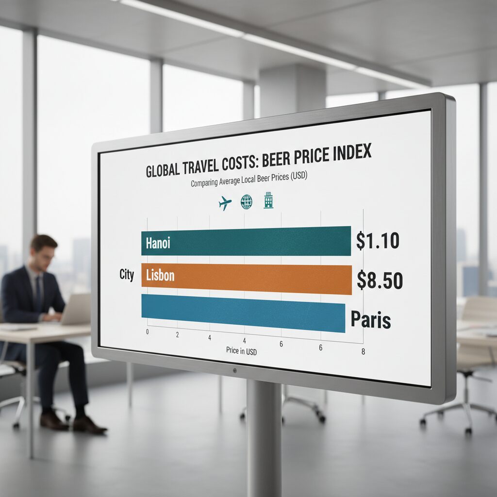 Bar graph comparing the price of a local beer in Hanoi ($1.10), Lisbon ($3.50), and Paris ($8.00)