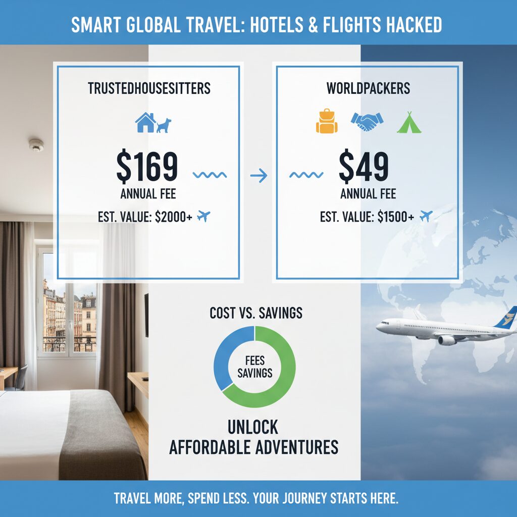 An infographic comparing the annual cost vs. value of TrustedHousesitters ($169 fee / $2000 value) and Worldpackers ($49 fee / $1500 value)