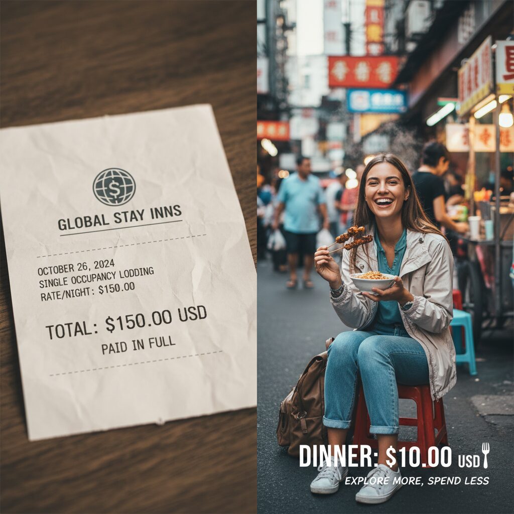 A split-screen graphic. Left side: A hotel receipt showing "Single Occupancy $150". Right side: A happy solo traveler eating street food with a caption "Dinner $10".
