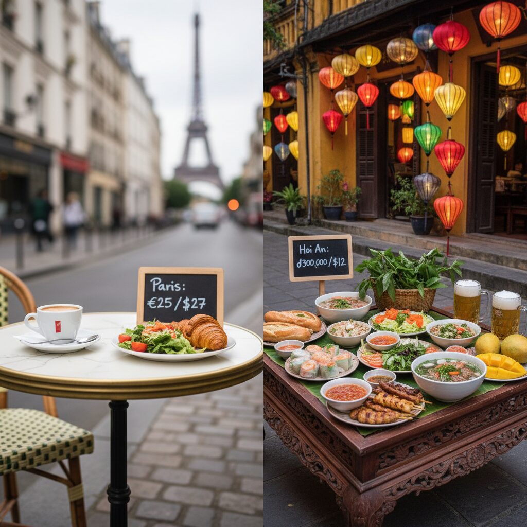 A split image comparing a coffee and meal in Paris versus a lavish feast in Hoi An, Vietnam, with price tags showing the stark difference.