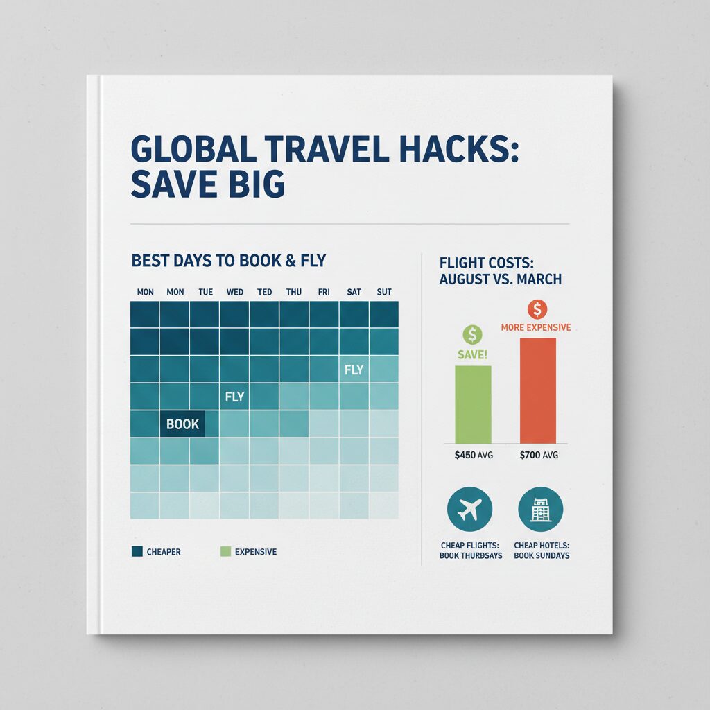A calendar heatmap showing the best days to book (Sunday) and fly (Thursday), alongside a bar chart comparing flight costs in August versus March, highlighting August as cheaper.