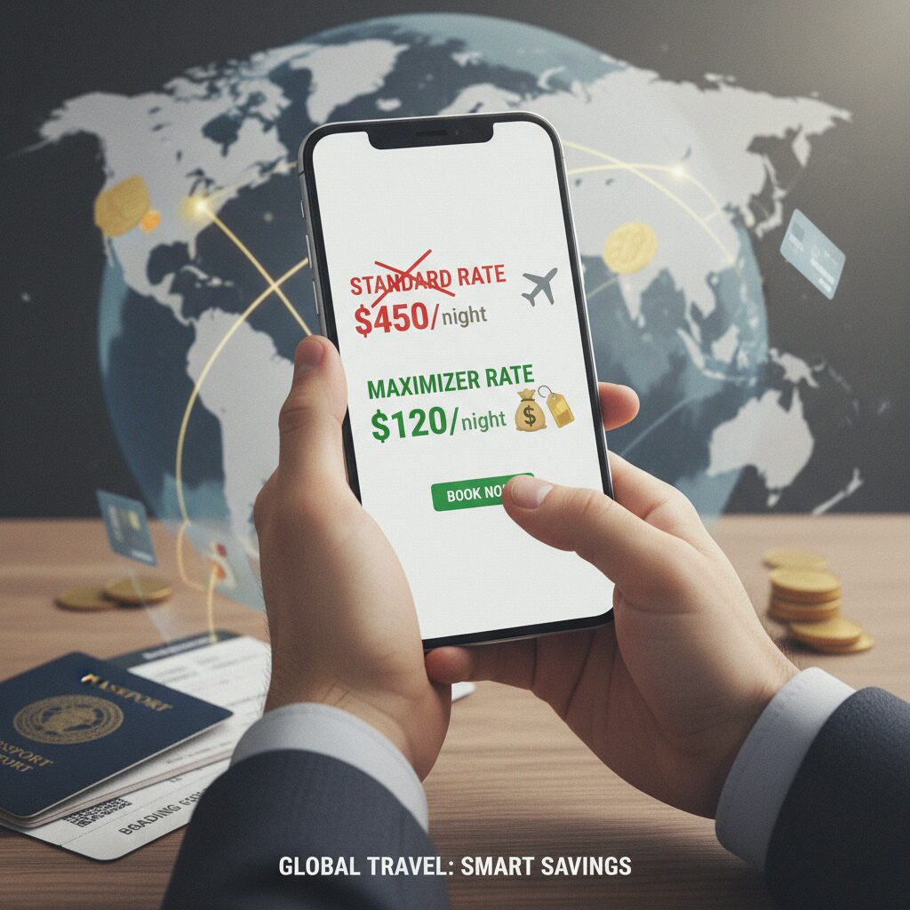 A conceptual illustration showing a traveler using a smartphone to compare a high "Standard Rate" versus a lower "Maximizer Rate," symbolizing smart booking tactics.