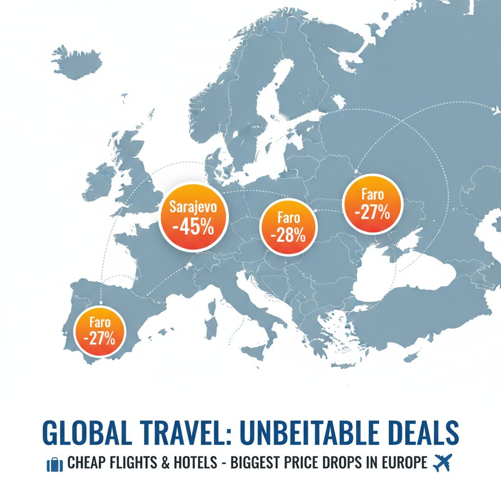 An infographic map of Europe highlighting the cities with the biggest price drops: Sarajevo (-45%), Florence (-29%), Faro (-28%), and Nice (-27%).