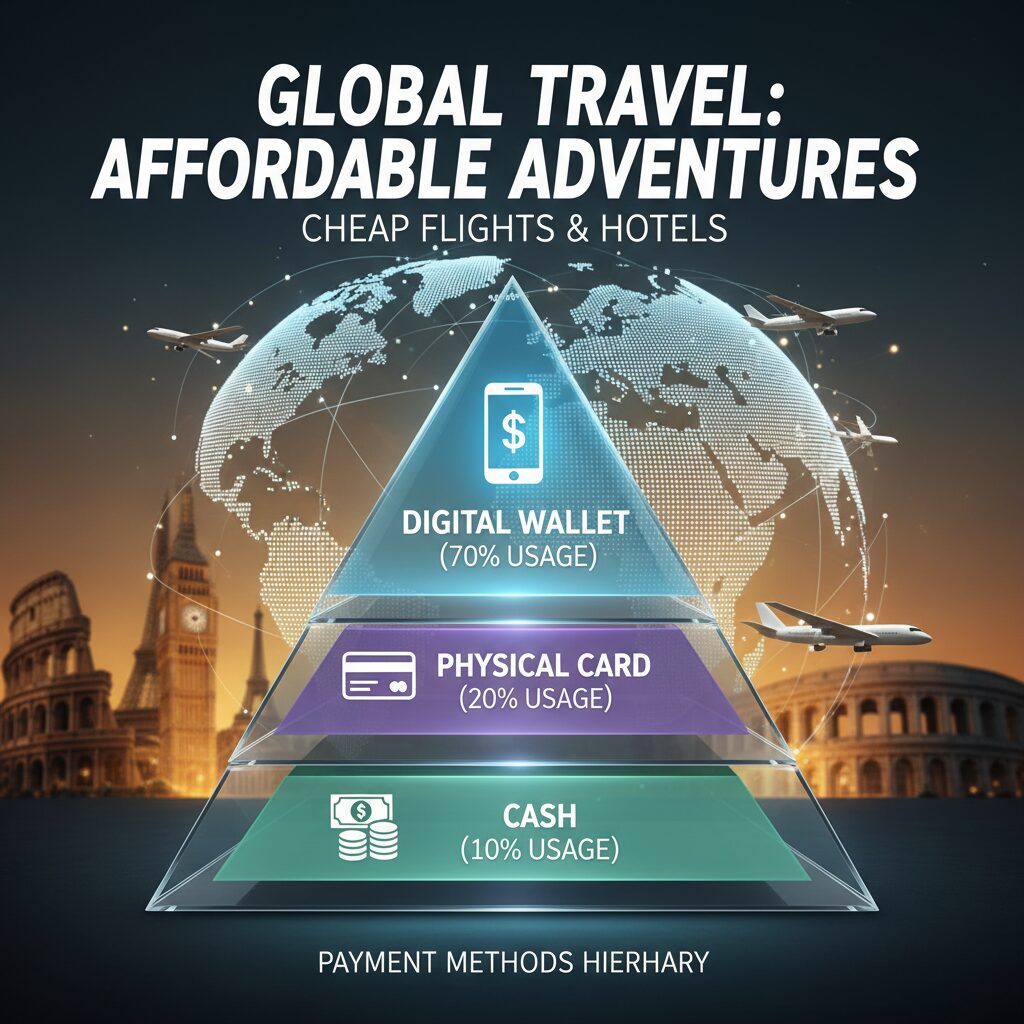 Infographic showing the hierarchy of payment methods: Digital Wallet at the top (70% usage), Physical Card middle (20%), Cash bottom (10%).