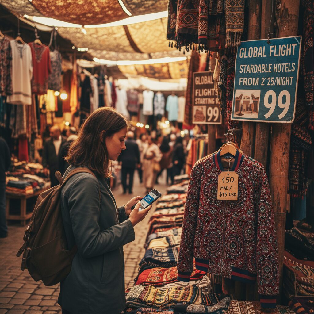 A traveler browsing a vibrant, affordable vintage clothing market in a foreign city, looking at a unique jacket with a price tag visible.