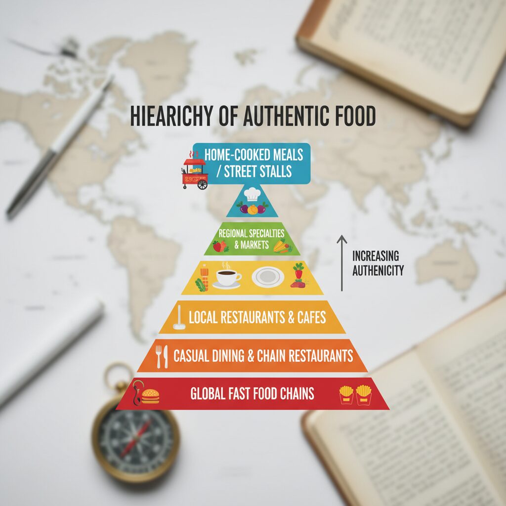 An infographic chart displaying the "Hierarchy of Authentic Food," with "Global Fast Food Chains" at the bottom and "Home-Cooked Meals/Street Stalls" at the pinnacle.
