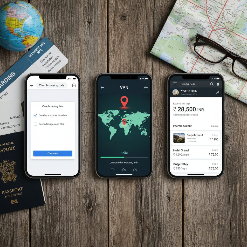 A screenshot montage showing the steps: Clearing cookies, selecting a server in India on a VPN interface, and viewing a flight price in Rupees.