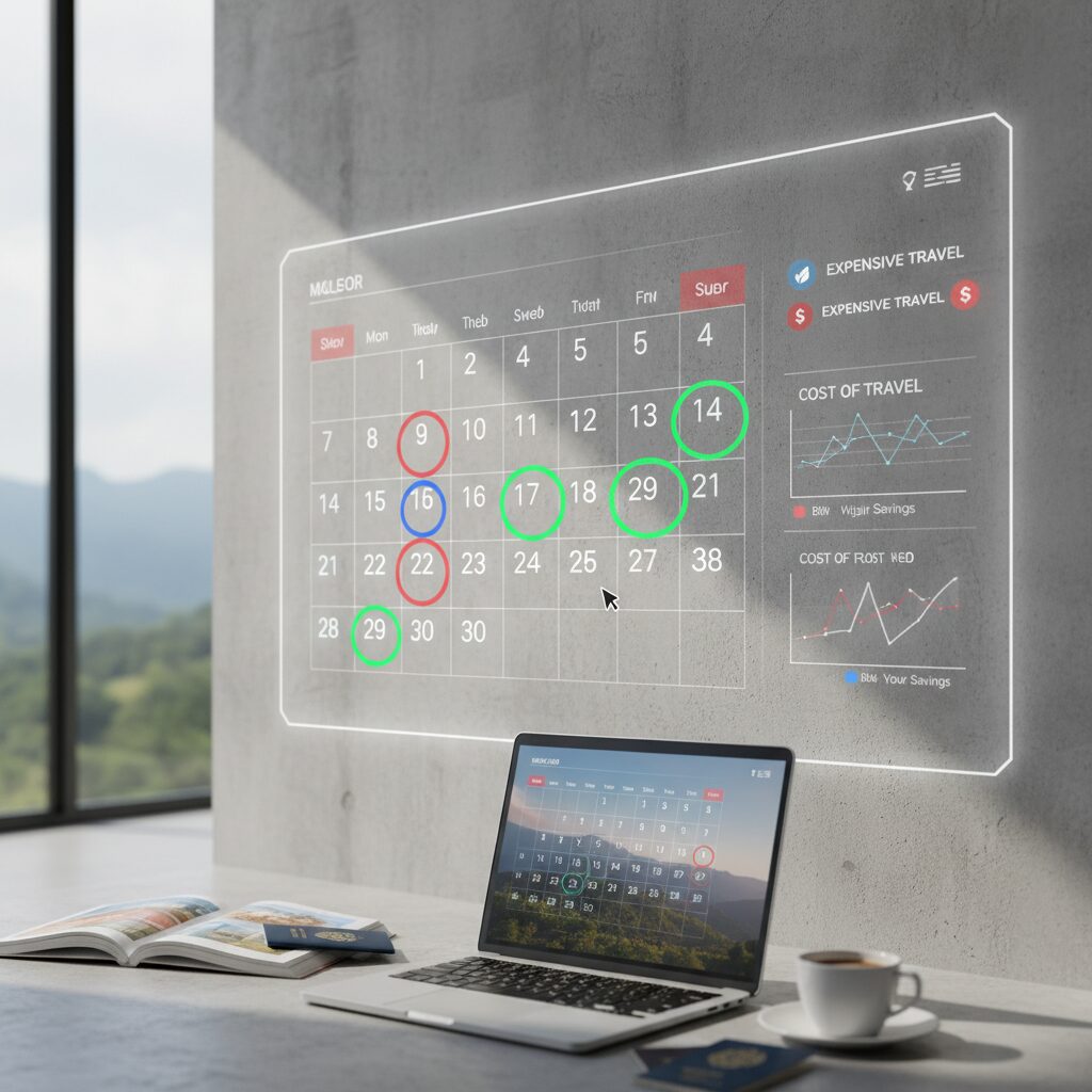 A modern digital calendar highlighting specific "green" dates for travel, contrasted with red "expensive" dates, symbolizing the strategic planning discussed in the article.