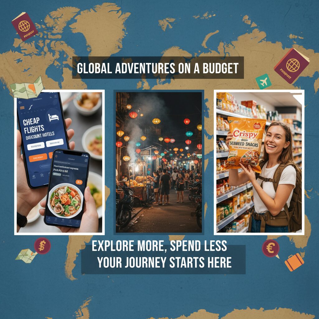A vibrant collage showing a smartphone with a food app open, a bustling night market in Vietnam, and a traveler holding a unique grocery store snack.
