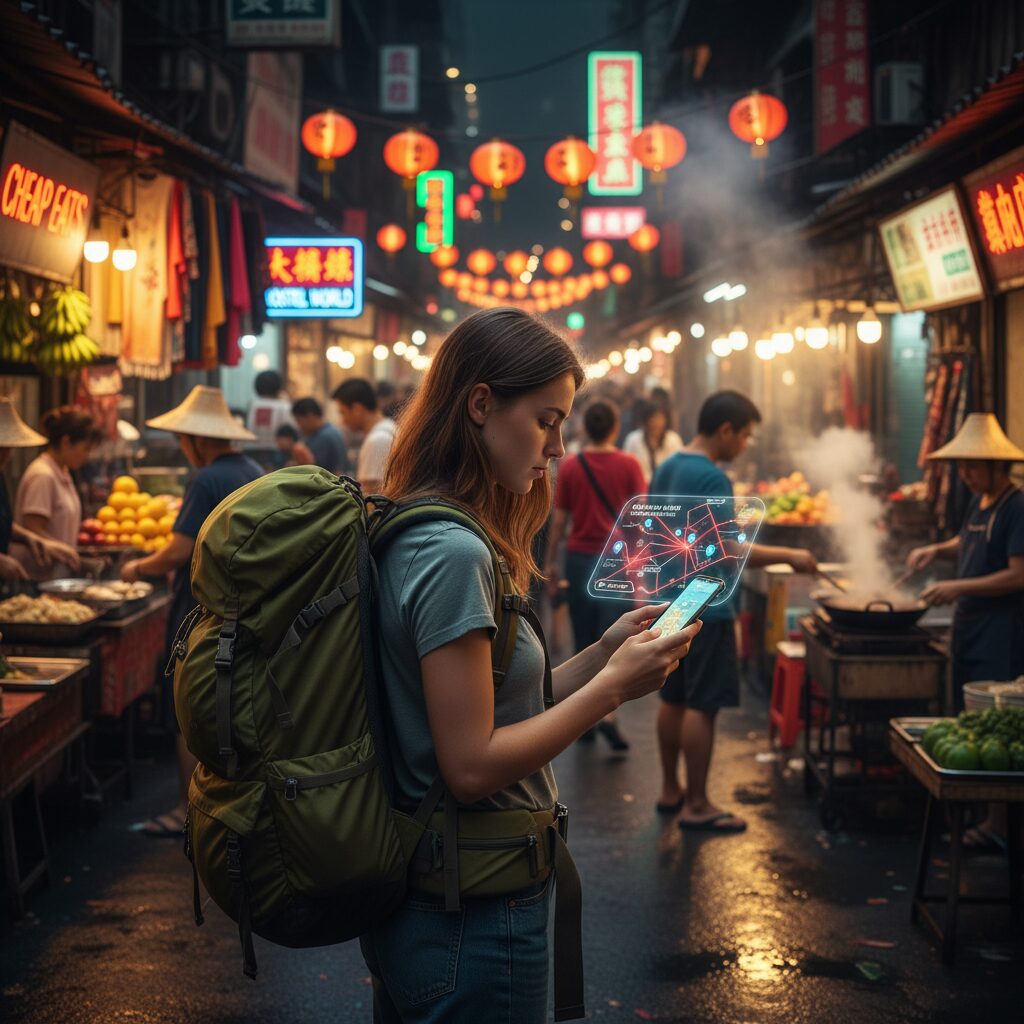 A solo traveler with a backpack looking at a digital map on a smartphone in a bustling Asian street market, representing modern budget travel.