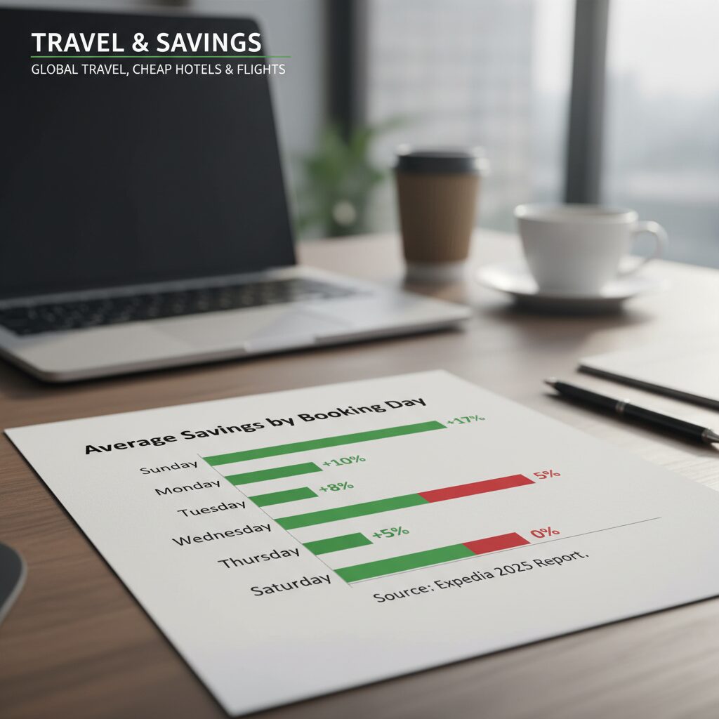 A simple bar chart comparing "Average Savings by Booking Day." Sunday bar is high (Green, +17%), Friday bar is low (Red, 0%). Source labeled: Expedia 2025 Report.