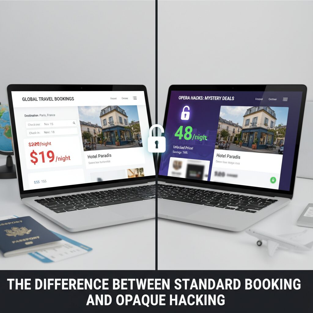 A split screen graphic. Left side shows a standard booking site with high prices ($150+). Right side shows the same hotel unlocked for $48 using a 'mystery deal' tool. Caption: The difference between standard booking and opaque hacking.