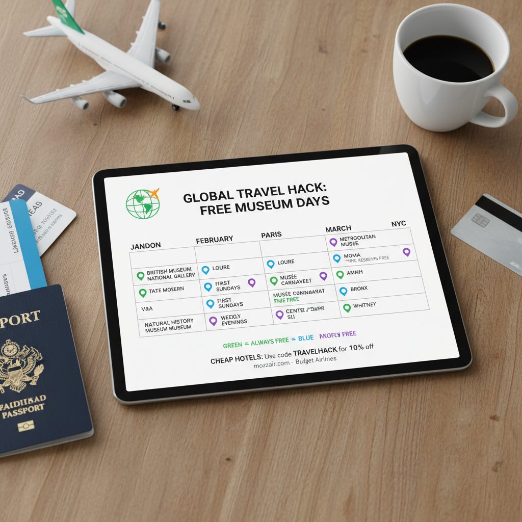 An infographic calendar showing specific free days for major museums in London, Paris, and NYC, color-coded for "Always Free," "First Sundays," and "Weekly Evenings."