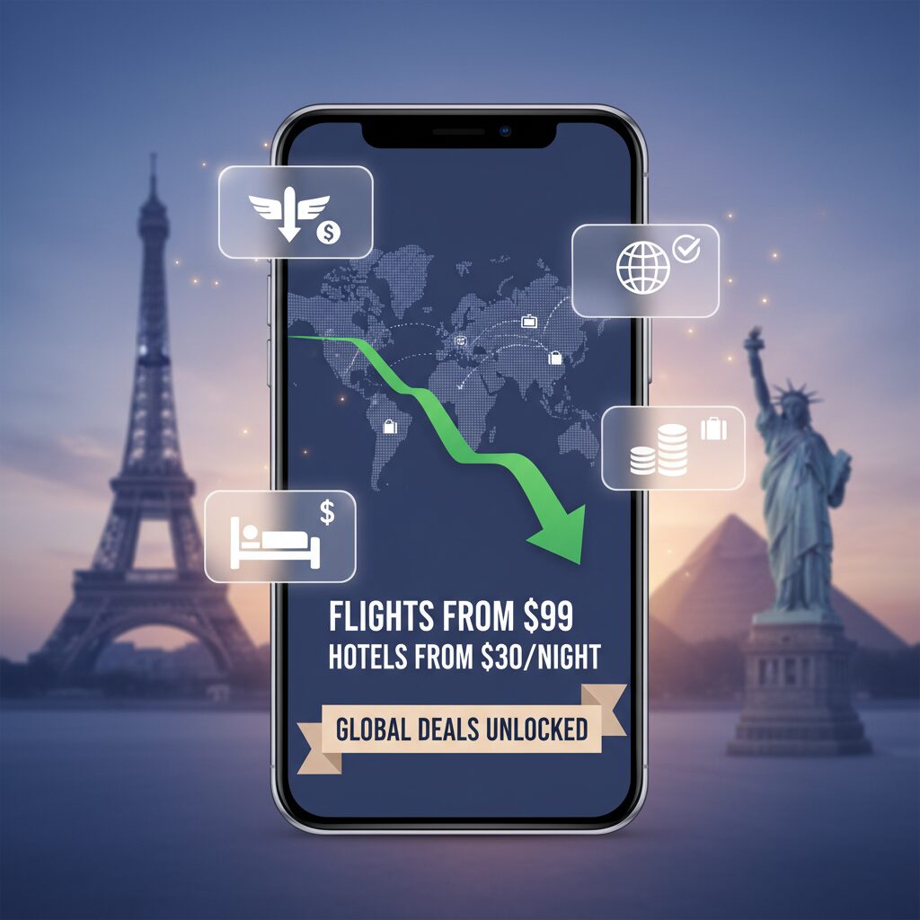A digital concept illustration showing a smartphone screen with a flight price graph dropping significantly, surrounded by notification icons and travel symbols.
