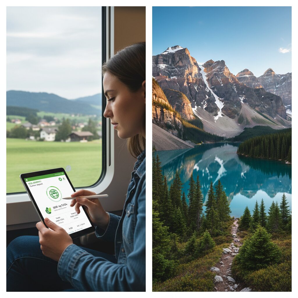A high-quality split image showing a traveler using a digital carbon calculator on a train in Europe, contrasted with a pristine nature landscape. The mood is inspiring and modern.