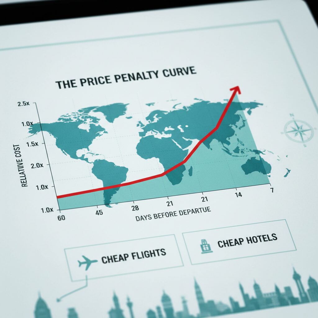 A line graph chart titled 'The Price Penalty Curve' showing flight costs remaining flat until 28 days out, then rising sharply at 21, 14, and 7 days before departure.
