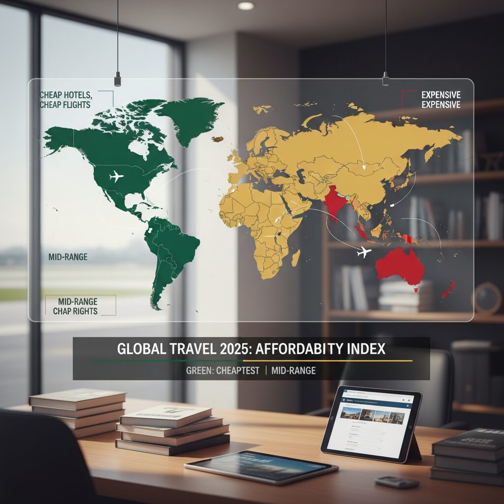 A color-coded world map highlighting the cheapest regions in green, mid-range in yellow, and expensive in red based on 2025 data