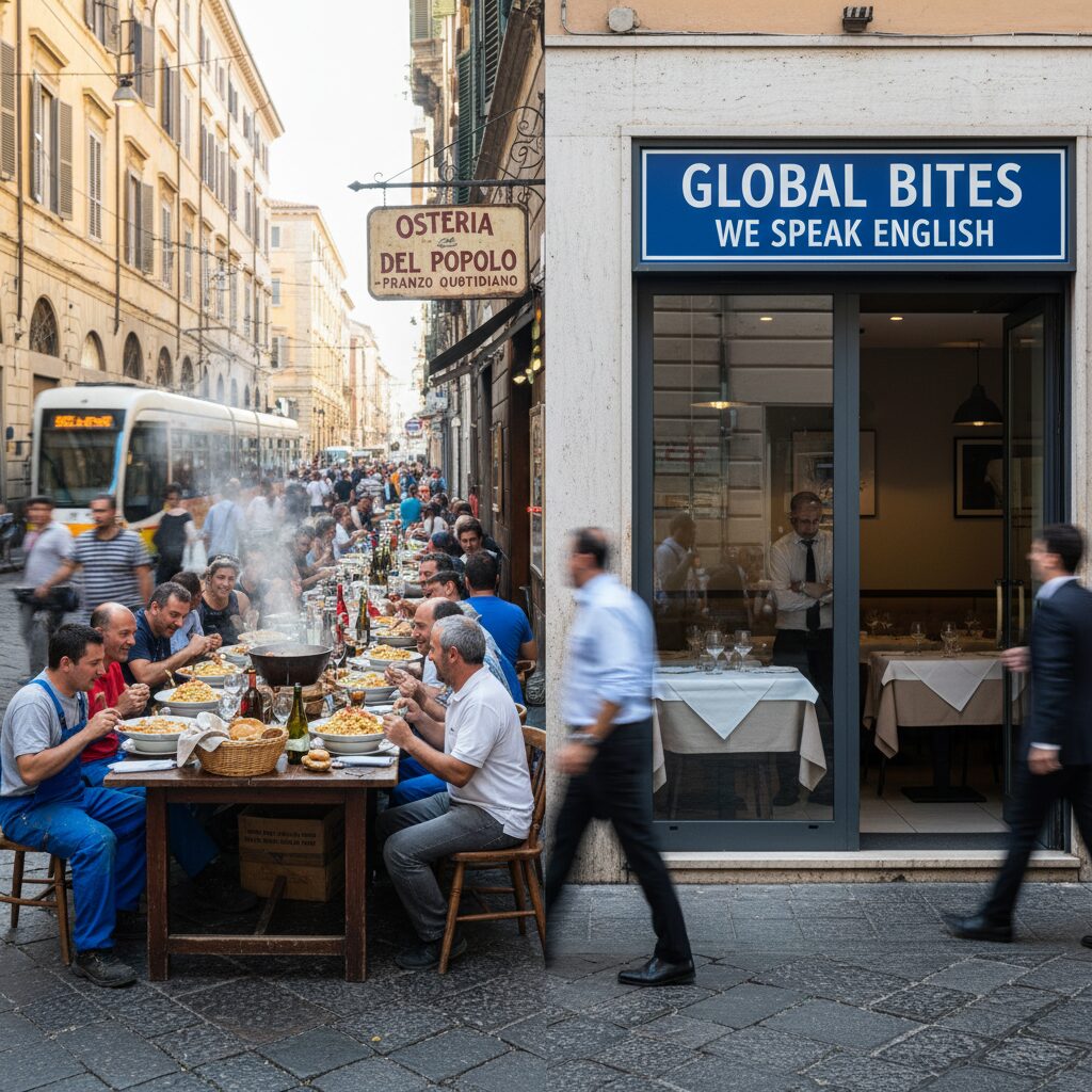 A busy street corner restaurant where a diverse group of local workers are eating lunch, contrasting with a nearby empty restaurant that has a "We Speak English" sign.