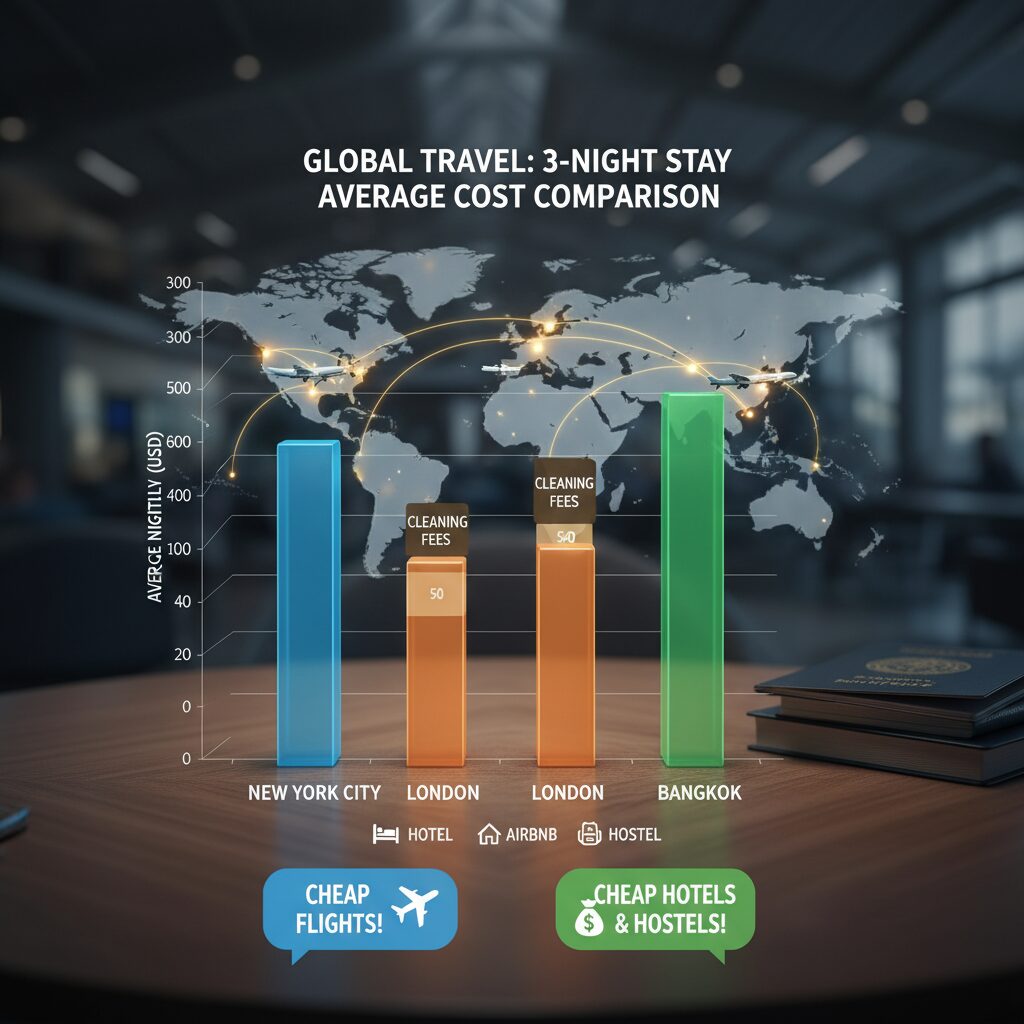 Bar chart comparing the average nightly cost of a 3-night stay in major cities (NYC, London, Bangkok) for Hotel vs Airbnb vs Hostel, showing the impact of cleaning fees on Airbnb.