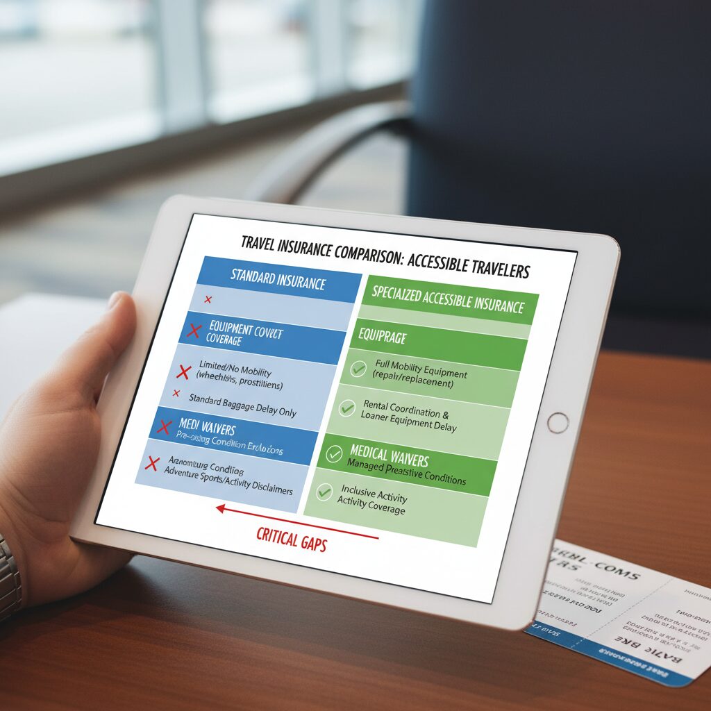 Comparison chart visualization showing Standard Insurance vs Specialized Accessible Insurance, highlighting gaps in equipment coverage and medical waivers