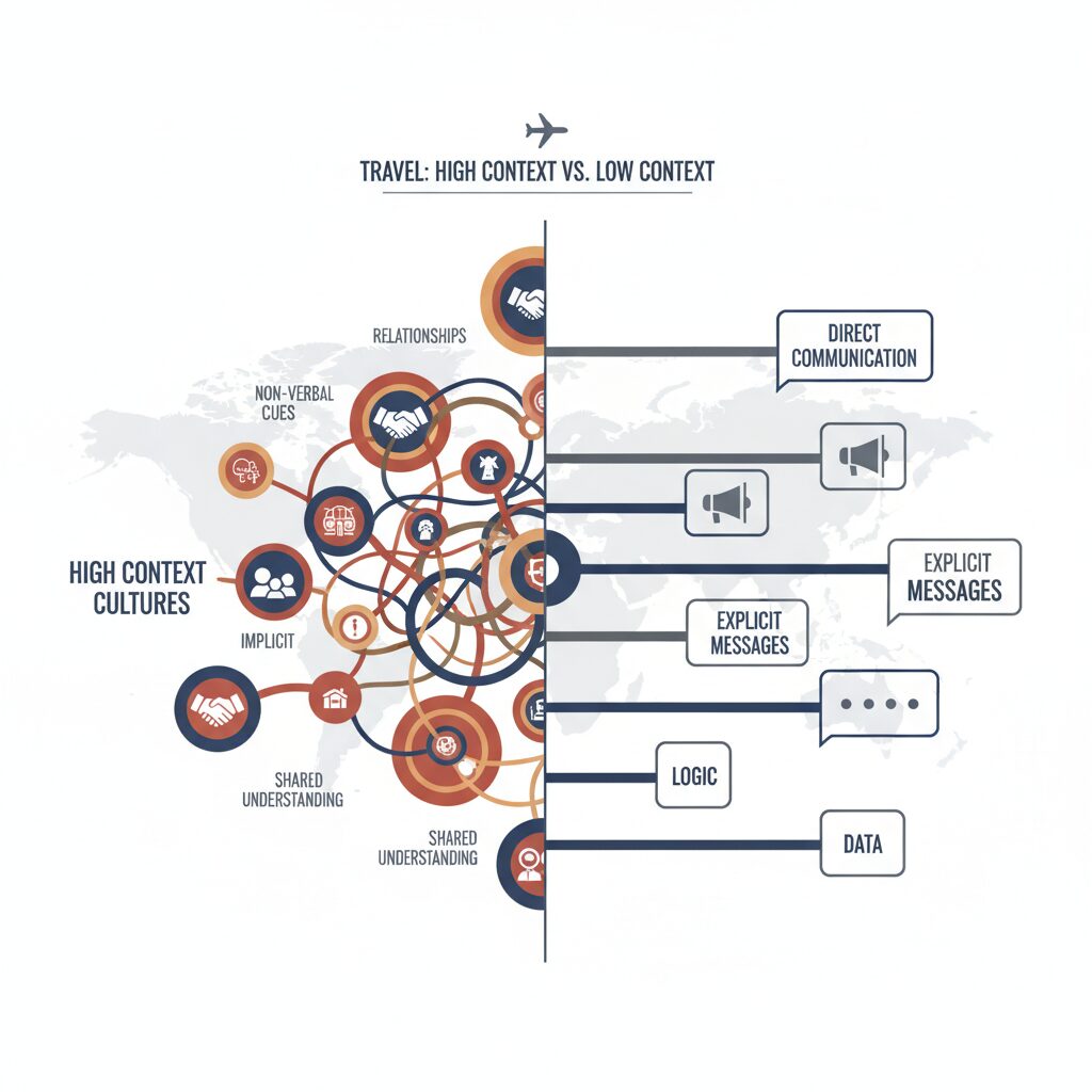 An infographic illustrating "High Context" vs "Low Context" cultures. High context shows intertwined circles representing relationships and non-verbal cues; low context shows straight lines representing direct communication.